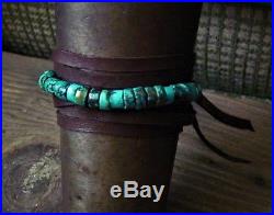 Variegated Turquoise & Sterling Silver Cuff Bracelet Chocolate Brown Leather