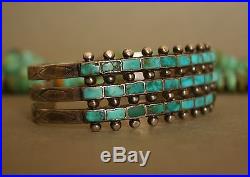 Very Old 3 Row Zuni Native American Sterling Silver Turquoise Cuff Bracelet
