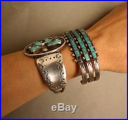 Very Old 3 Row Zuni Native American Sterling Silver Turquoise Cuff Bracelet