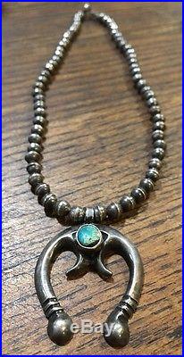 Very Old Turquoise Sterling Silver Squash Blossom Navajo Dime Beads Necklace NR