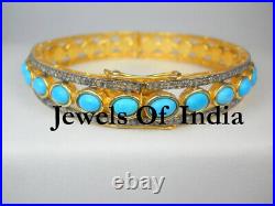 Victorian Jewelry Natural Pave Diamond & Turquoise 925 Sterling Silver Bangle
