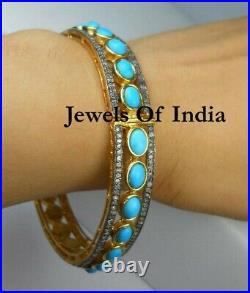 Victorian Jewelry Natural Pave Diamond & Turquoise 925 Sterling Silver Bangle