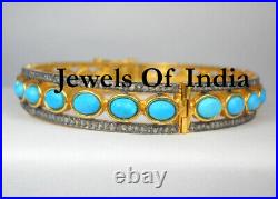 Victorian Jewelry Natural Pave Diamond & Turquoise 925 Sterling Silver Bangle