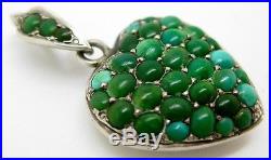 Victorian Sterling Silver PAVE TURQUOISE HEART LOCKET PENDANT Puffy Charm