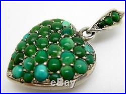 Victorian Sterling Silver PAVE TURQUOISE HEART LOCKET PENDANT Puffy Charm