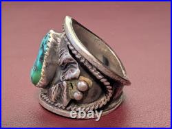 Vintage 1970s Navajo Sterling Silver Turquoise Ring Sz 9.5 Handmade Southwest