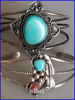 Vintage 2 Navajo Sterling Silver 925 Turquoise and Coral Stone Cuff Bracelet