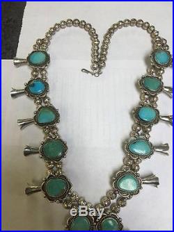 Vintage 70s Pawn Sterling Silver Blue Diamond Turquoise SQUASH BLOSSOM NECKLACE