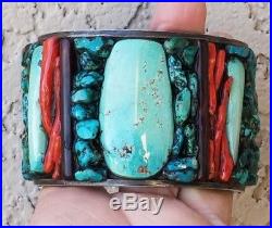 Vintage AWW Navajo Sterling Silver Coral Turquoise Onyx Cuff Bracelet 166 grams