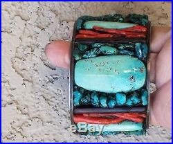 Vintage AWW Navajo Sterling Silver Coral Turquoise Onyx Cuff Bracelet 166 grams