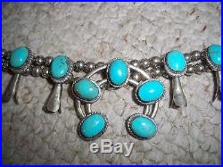 Vintage American Indian Navajo Sterling Silver Turquoise Squash Blossom Necklace