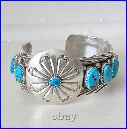 Vintage Apachito Sterling Silver Turquoise Wide Cuff Bracelet