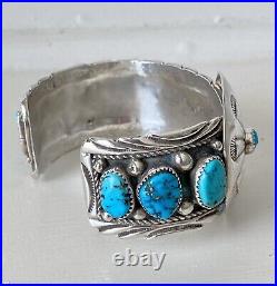 Vintage Apachito Sterling Silver Turquoise Wide Cuff Bracelet