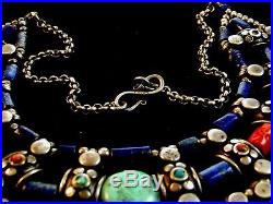 Vintage Egyptian Tribal Sterling Silver Turquoise Lapis Coral Necklace Choker 16