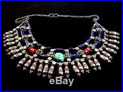 Vintage Egyptian Tribal Sterling Silver Turquoise Lapis Coral Necklace Choker 16