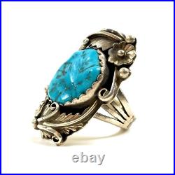Vintage HJ Navajo Sterling Silver Turquoise Floral Ring Size 7.75 8