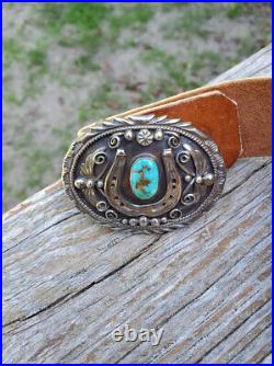 Vintage H. Spencer (Navajo) Turquoise Sterling Silver Horse Shoe Belt Buckle