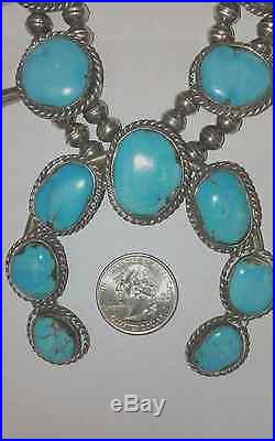Vintage Hand Made Navajo Turquoise Squash Blossom Necklace Sterling Silver Heavy