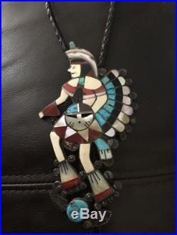 Vintage Indian Zuni Warrior Dancer Sterling Silver BOLO Tie Necklace Turquoise