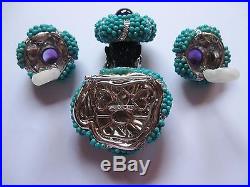 Vintage Jarin Sterling Silver Blackamoor Turquoise Bead Brooch & Earring Set