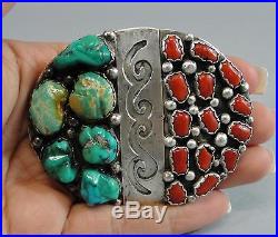 Vintage Johnny Johnson Sterling Silver Natural Turquoise Coral Western Buckle