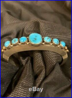 Vintage Kingman Turquoise 7 Row Bracelet Heavy Sterling Silver Navajo JB 14K