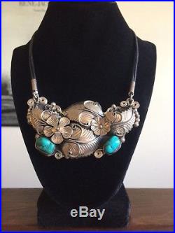 Vintage LARGE Turquoise Sterling Silver Leaves Floral Necklace CII 925 Mexico