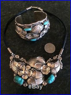 Vintage LARGE Turquoise Sterling Silver Leaves Floral Necklace CII 925 Mexico
