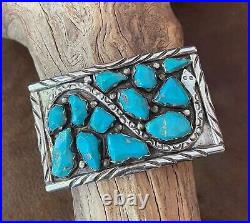 Vintage Marvelyne Cheama Zuni Signed Snake Belt Buckle Sterling Silver Turquoise