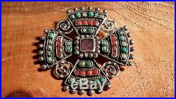 Vintage Matl Ricardo Salas Mexican Sterling Coral Turquoise Amethyst Cross Pin