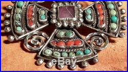 Vintage Matl Ricardo Salas Mexican Sterling Coral Turquoise Amethyst Cross Pin