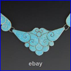 Vintage Mexican Art Deco Crushed Turquoise Necklace 1930s 1940s Sterling Silver