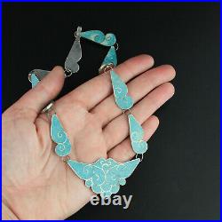 Vintage Mexican Art Deco Crushed Turquoise Necklace 1930s 1940s Sterling Silver