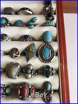 Vintage NATIVE AMERICAN Sterling Silver TURQUOISE Coral Onyx RINGS Lot Of 36