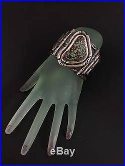 Vintage NAVAJO Heavy Gauge Sterling Silver Spider Web Turquoise Cuff Bracelet