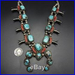 Vintage NAVAJO Sterling Silver BRANCH CORAL & TURQUOISE Squash Blossom NECKLACE