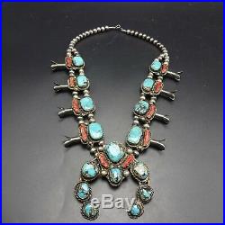 Vintage NAVAJO Sterling Silver BRANCH CORAL & TURQUOISE Squash Blossom NECKLACE