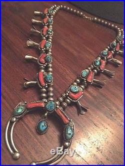 Vintage NAVAJO Sterling Silver BRANCH CORAL & Turquoise SQUASH BLOSSOM Necklace