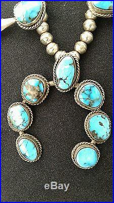 Vintage NAVAJO Sterling Silver & Blue MORENCI Turquoise SQUASH BLOSSOM Necklace