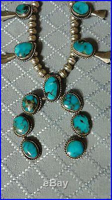 Vintage NAVAJO Sterling Silver & Blue MORENCI Turquoise SQUASH BLOSSOM Necklace