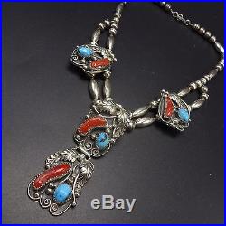 Vintage NAVAJO Sterling Silver CORAL & TURQUOISE Squash Blossom Style NECKLACE