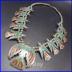 Vintage NAVAJO Sterling Silver PEYOTE BIRD Chip Inlay SQUASH BLOSSOM Necklace