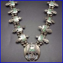 Vintage NAVAJO Sterling Silver & Turquoise Chip Inlay SQUASH BLOSSOM Necklace