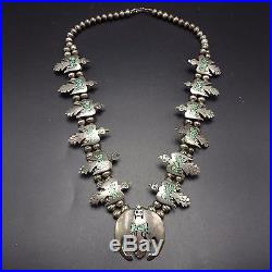 Vintage NAVAJO Sterling Silver & Turquoise Chip Inlay SQUASH BLOSSOM Necklace