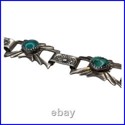 Vintage Native American Navajo Sterling Silver Green Turquoise Link Bracelet