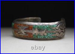 Vintage Native American Navajo Sterling Silver Turquoise Coral Cuff Bracelet