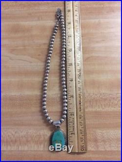 Vintage Native American Navajo Turquoise Pendant & Sterling Silver Bead Necklace