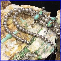 Vintage Native American Sterling Silver & #8 Turquoise Squash Blossom Necklace