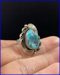 Vintage Native American Sterling Silver 925 Turquoise Leaf Design Ring Signed JW