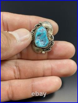 Vintage Native American Sterling Silver 925 Turquoise Leaf Design Ring Signed JW